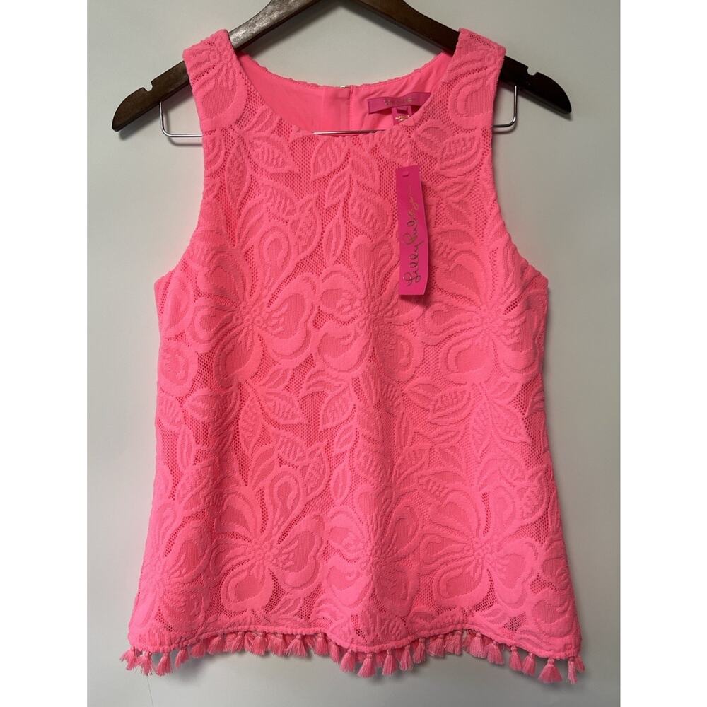 NWT Lilly Pulitzer Hot Pink Floral Small Relaxed Fit Maybelle Top Tassel Hem